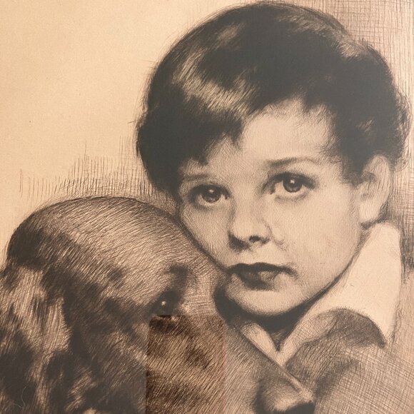 J. Knowles Hare Signed Etching "Sympathy" Boy and Dog Irish Setter or Retriever - Picture 2 of 10